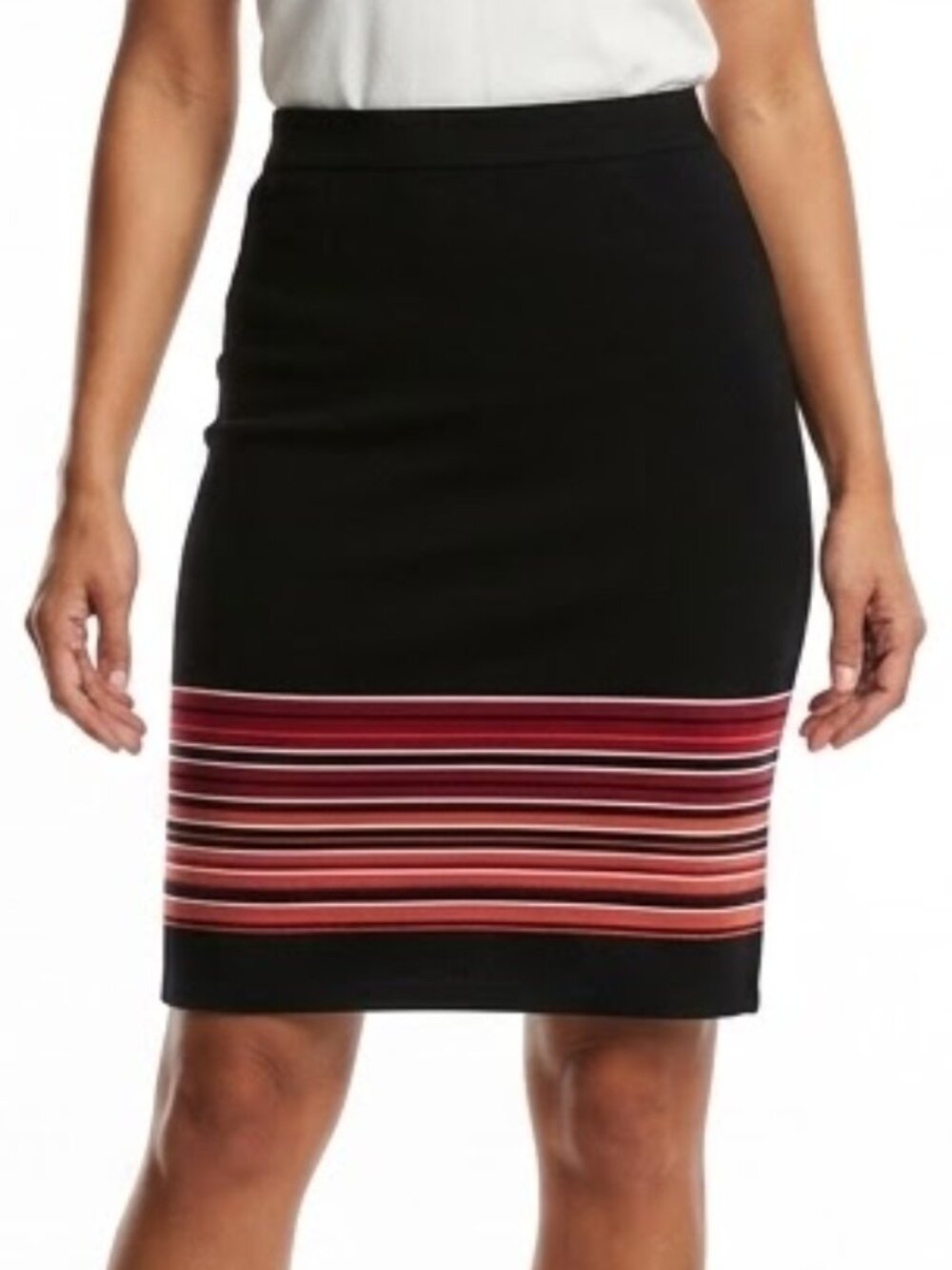 Max Studio Indie Sleaze Striped Hem Pencil Skirt Bodycon Midi Black Red L
